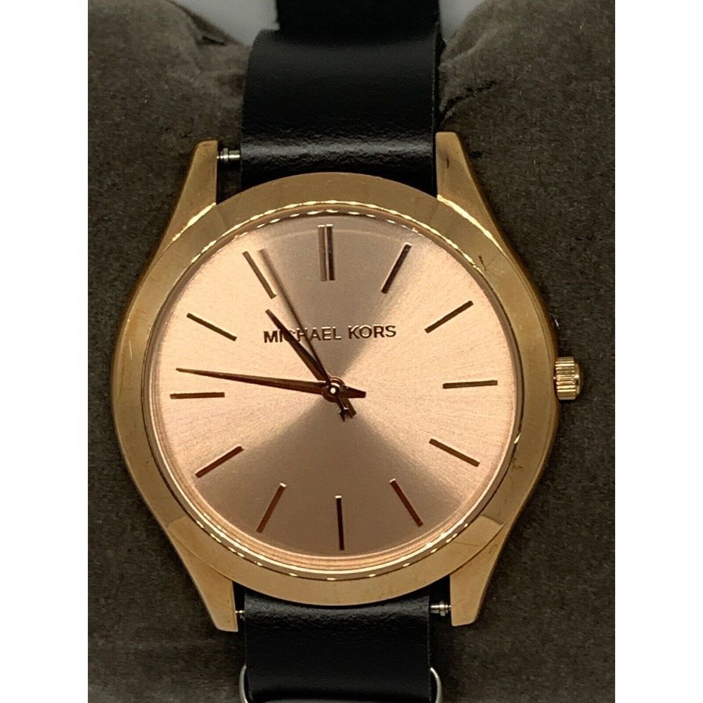 Michael Kors MK4301 Women Black Leather Analog Rose Gold Dial Wrist Watch GE181